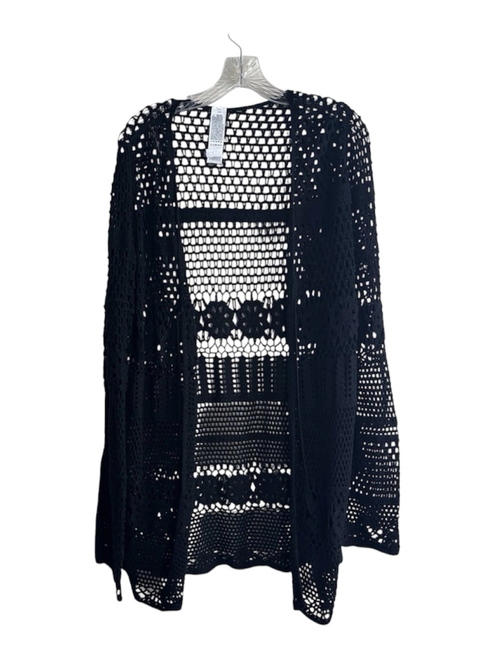 Crochet Duster Long Cardigan Black Size L Tie Front Boho Hippie Y2K Retro